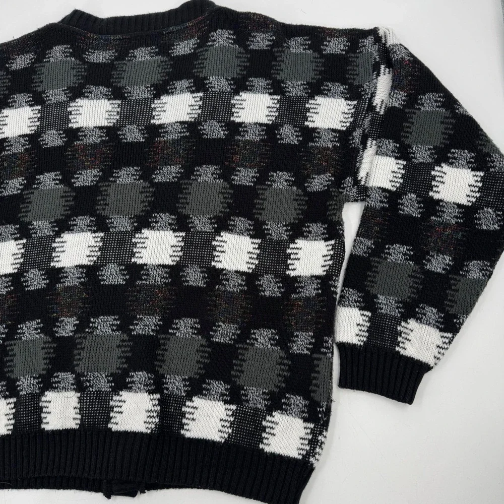 Vintage AREA Black White Gray Plaid Button V Neck Cardigan‎ Sweater Men's Large